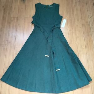 Calvin Klein NWT Faux Suede Green Midi Dress Size 8 A-Line Sleeveless Belted
